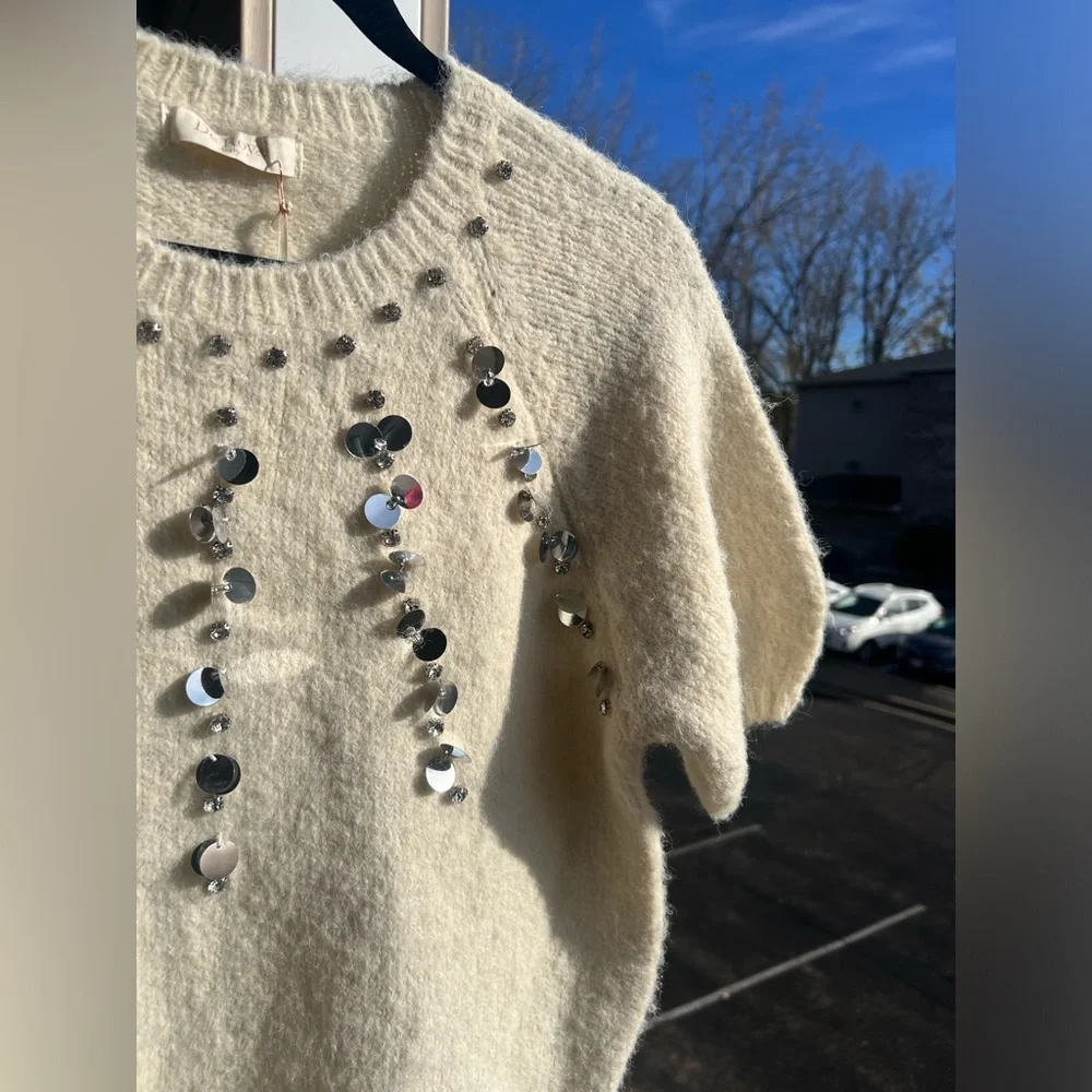 🆕🌾✨De Royal Italy Wool Alpaca Blend Sequin Cream Sweater Knit Top Holiday Size S